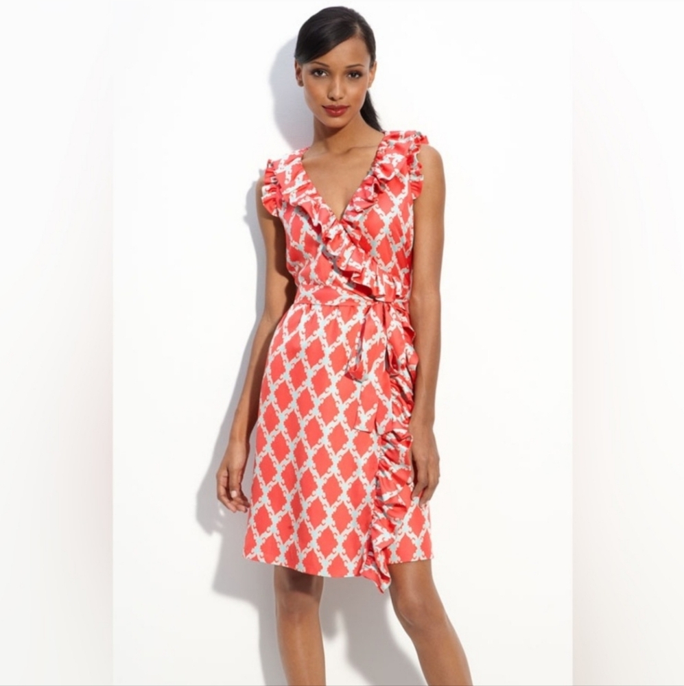 kate spade Coral and White Ruffle Wrap Dress